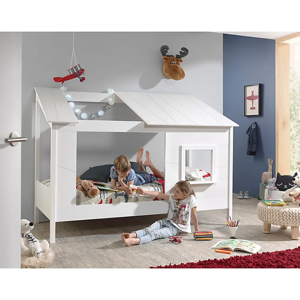 Lit Cabane 90x200 toit semi-ouvert et fenêtre Sommier inclus Vipack HouseBed - Blanc>Petits-Meubles Best