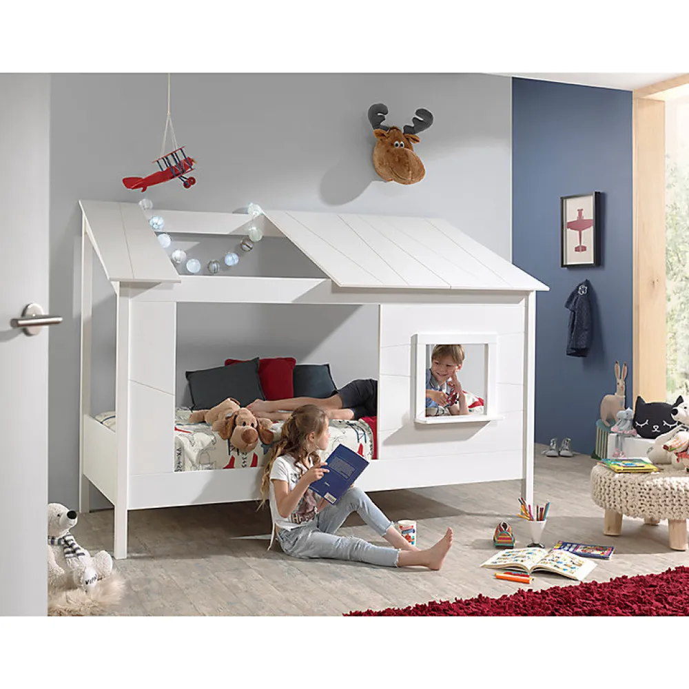 Lit Cabane 90x200 toit semi-ouvert et fenêtre Sommier inclus Vipack HouseBed - Blanc>Petits-Meubles Best