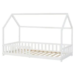 [En.Casa] Lit cabane Ydre bois de pin 90 x 200 cm blanc en.casa*Enfant Lit Enfant