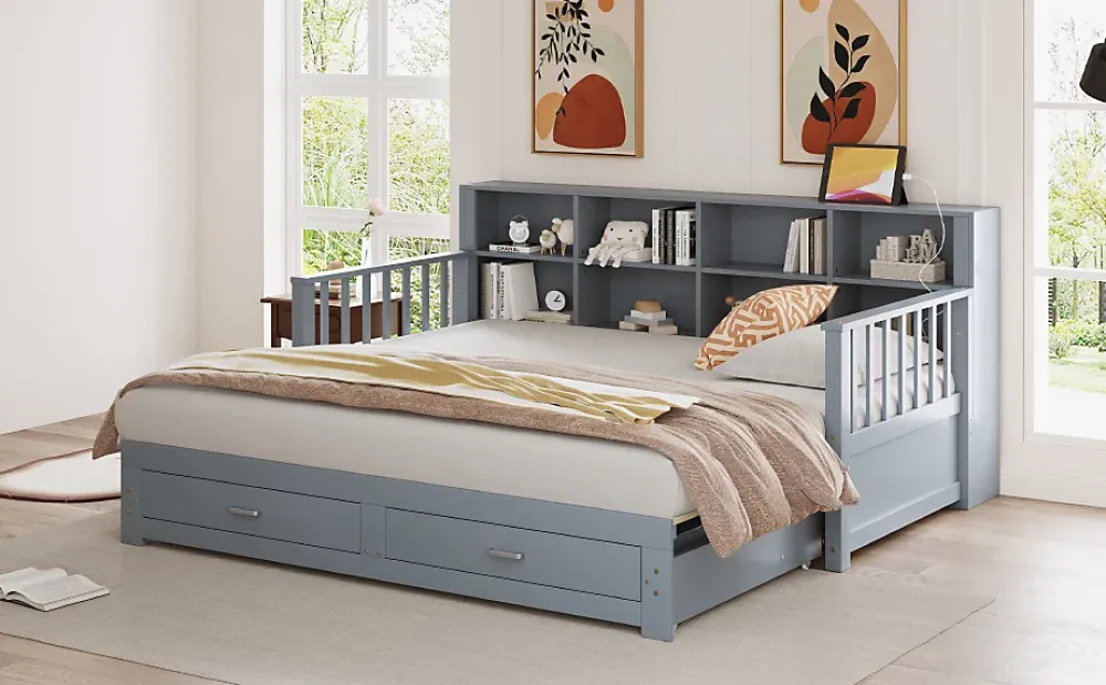 Redom Lit canapé extensible bois massif 90 180 par 190 cm rangement prise deux tiroirs sommier multifonction pin gris 1* Lit Avec Rangement