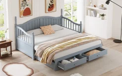 Lit canapé extensible pin 90 190 par 180 190 colonnes dossier accoudoirs tiroirs sommier multifonction gris><noscript><img width=