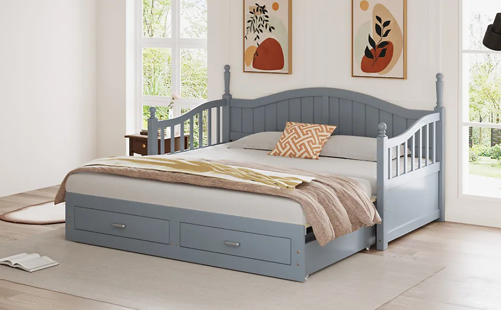 Lit canapé extensible pin 90 190 par 180 190 colonnes dossier accoudoirs tiroirs sommier multifonction gris>Redom New