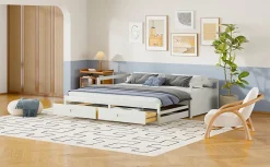 Redom Lit canapé extensible quatre vingt dix cent quatre vingt par deux cents bois de pin avec tiroirs sommier rangement blanc* Lit Avec Rangement