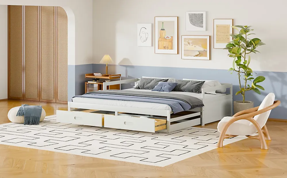 Redom Lit canapé extensible quatre vingt dix cent quatre vingt par deux cents bois de pin avec tiroirs sommier rangement blanc* Lit Avec Rangement