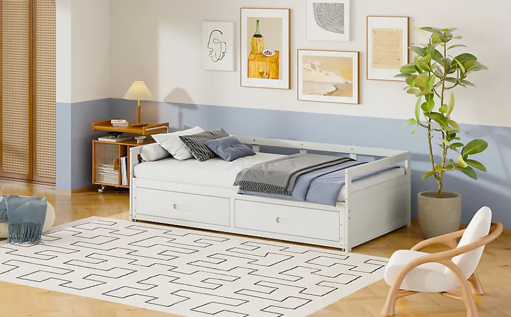 Redom Lit canapé extensible quatre vingt dix cent quatre vingt par deux cents bois de pin avec tiroirs sommier rangement blanc* Lit Avec Rangement