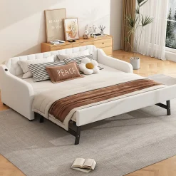 Lit Canapé 90x200cm, Avec Lit Escamotable, USB, Beige>Fortuna lai Best