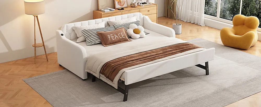 Lit Canapé 90x200cm, Avec Lit Escamotable, USB, Beige>Fortuna lai Best