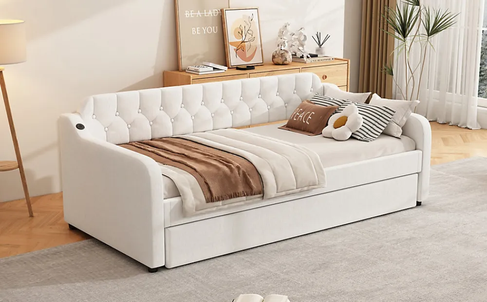 Lit Canapé 90x200cm, Avec Lit Escamotable, USB, Beige>Fortuna lai Best