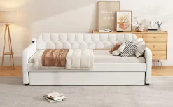 Lit Canapé 90x200cm, Avec Lit Escamotable, USB, Beige><noscript><img width=