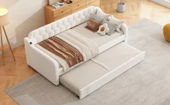 Lit Canapé 90x200cm, Avec Lit Escamotable, USB, Beige><noscript><img width=