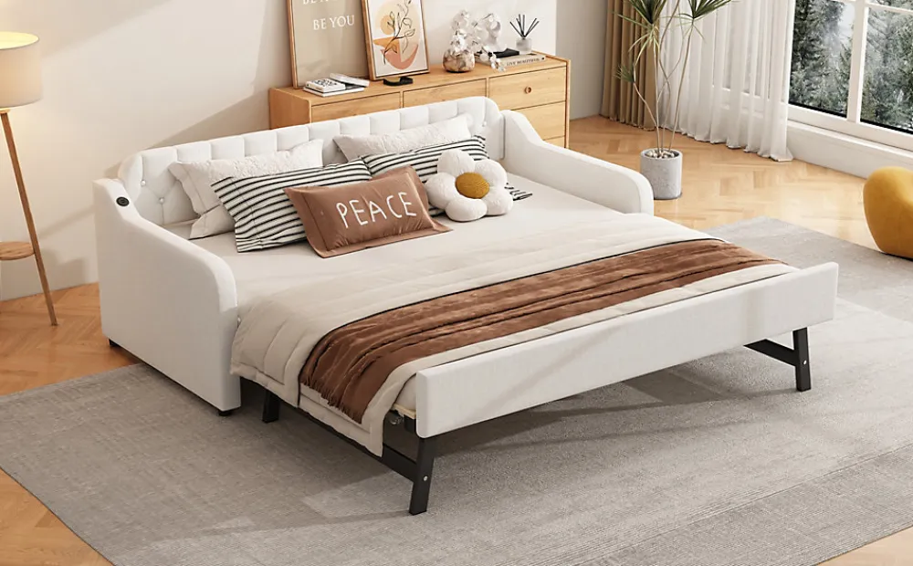 Lit Canapé 90x200cm, Avec Lit Escamotable, USB, Beige>Fortuna lai Best