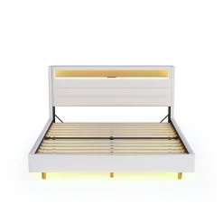 Redom Lit capitonné 140 sur 200 cm avec port USB lumière LED tête de lit réversible tissu en lin beige pour adulte* Lit Double