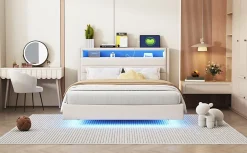 Redom Lit capitonné 140 sur 200 cm avec port USB lumière LED tête de lit réversible tissu en lin beige pour adulte* Lit Double