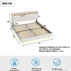 Redom Lit capitonné 140 sur 200 cm avec port USB lumière LED tête de lit réversible tissu en lin beige pour adulte* Lit Double