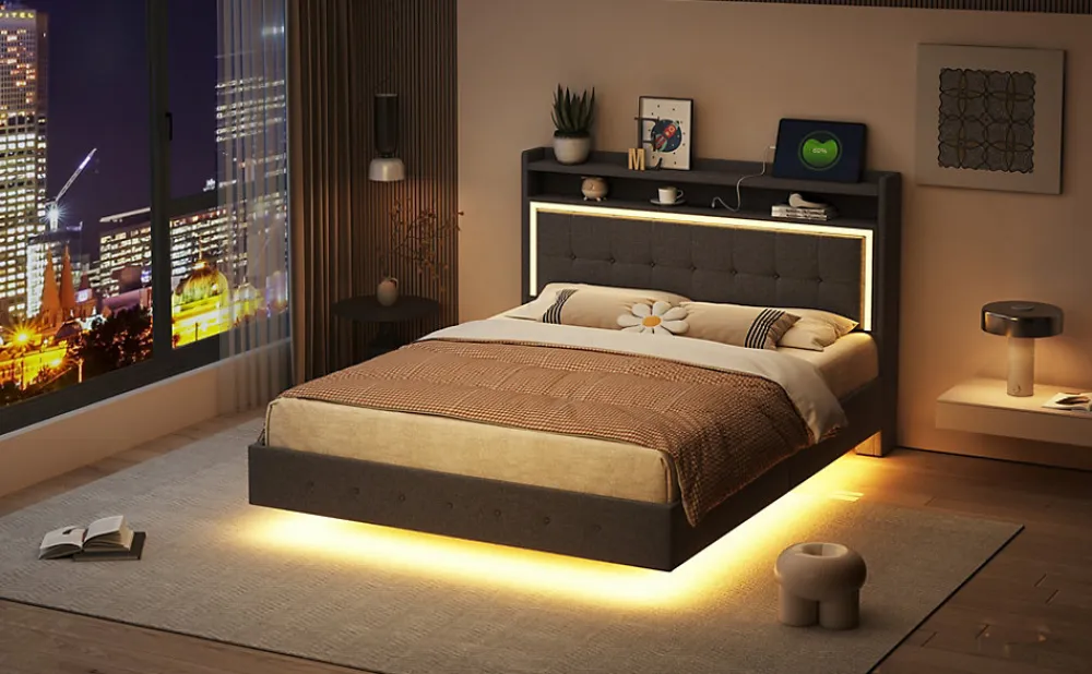 Lit capitonné 140 sur 200 cm avec port USB lumière LED tête de lit modulable pieds cachés tissu en lin gris>Redom Discount