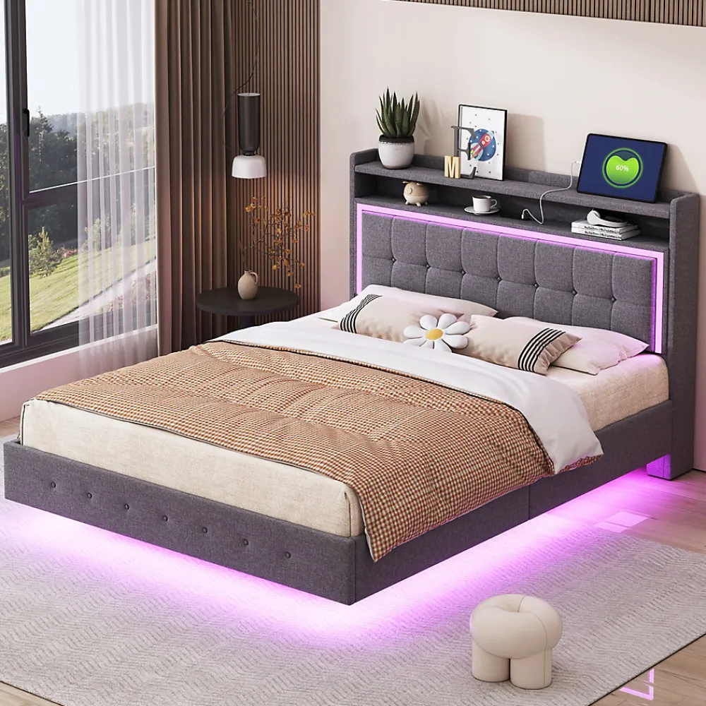 Lit capitonné 140 sur 200 cm avec port USB lumière LED tête de lit modulable pieds cachés tissu en lin gris>Redom Discount