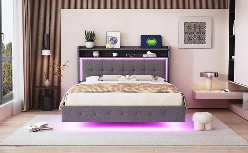 Lit capitonné 140 sur 200 cm avec port USB lumière LED tête de lit modulable pieds cachés tissu en lin gris>Redom Discount