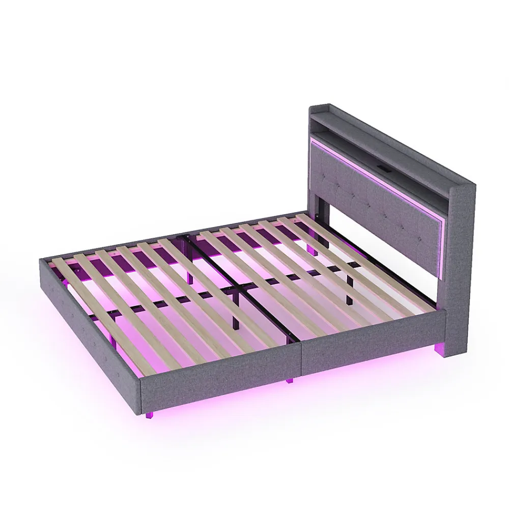 Lit capitonné 140 sur 200 cm avec port USB lumière LED tête de lit modulable pieds cachés tissu en lin gris>Redom Discount