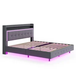 Lit capitonné 140 sur 200 cm avec port USB lumière LED tête de lit modulable pieds cachés tissu en lin gris><noscript><img width=