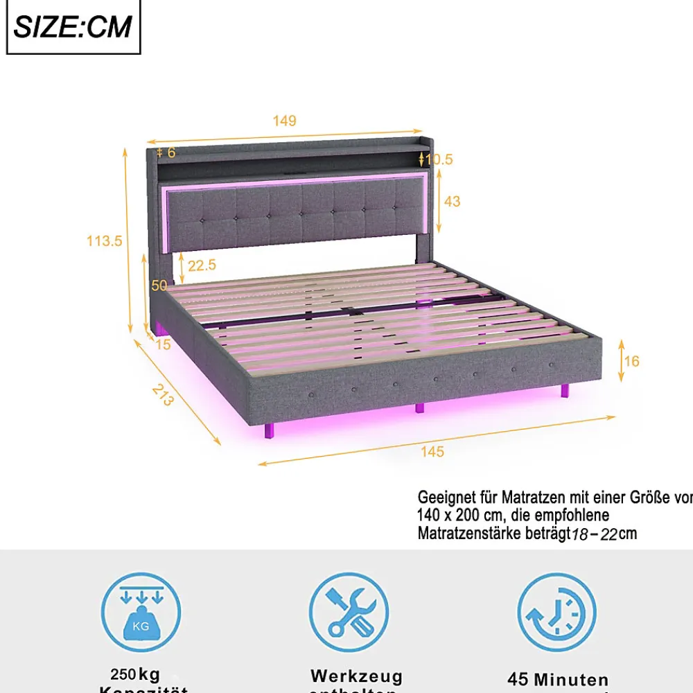Lit capitonné 140 sur 200 cm avec port USB lumière LED tête de lit modulable pieds cachés tissu en lin gris>Redom Discount