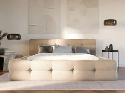 Vente-unique Lit capitonné 140 x 190 cm - Tissu chiné - Beige + Sommier + Matelas - LERUCO* Lit Double