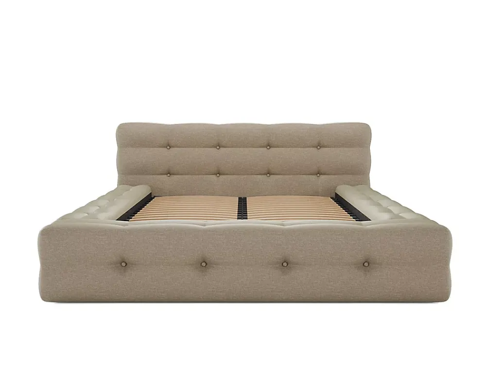 Vente-unique Lit capitonné 140 x 190 cm - Tissu chiné - Beige + Sommier + Matelas - LERUCO* Lit Double