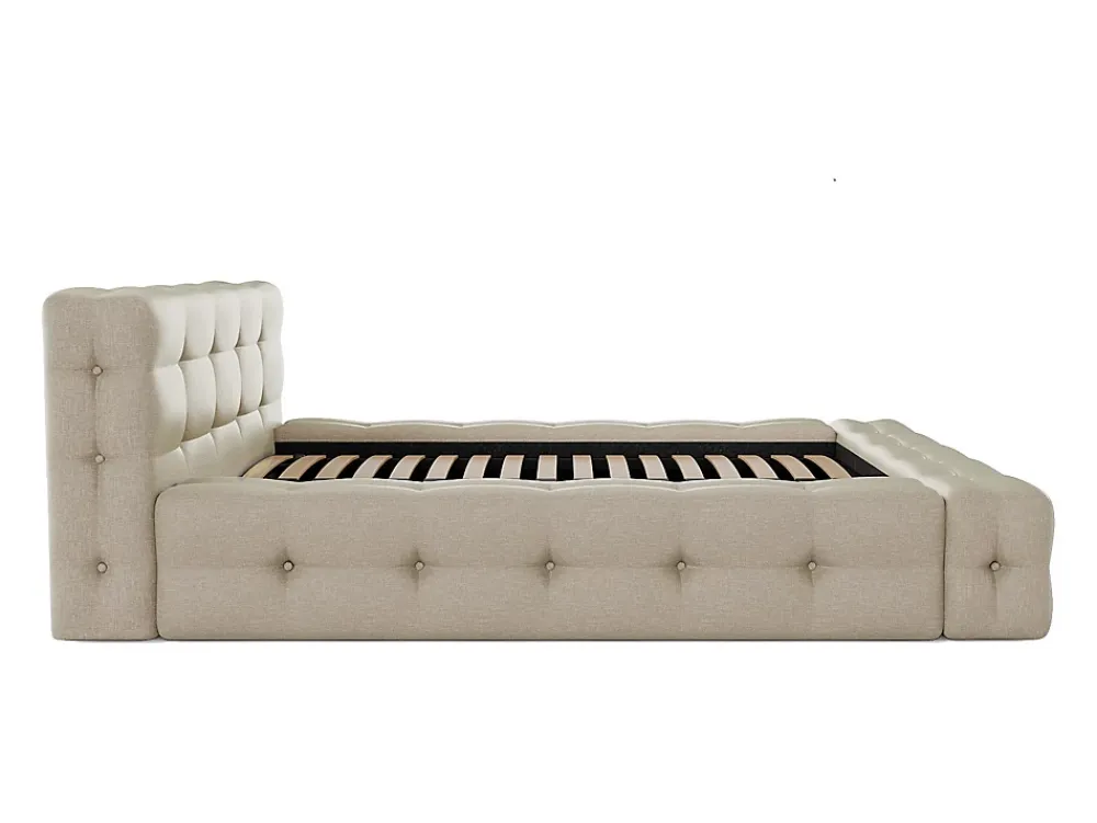 Vente-unique Lit capitonné 140 x 190 cm - Tissu chiné - Beige + Sommier + Matelas - LERUCO* Lit Double