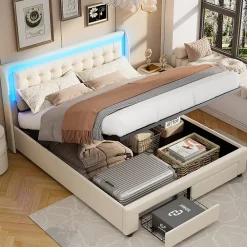 Lit capitonné, 180 x 200 cm, avec éclairage LED, espace de rangement et sommier à lattes, en cuir synthétique,sans matelas><noscript><img width=