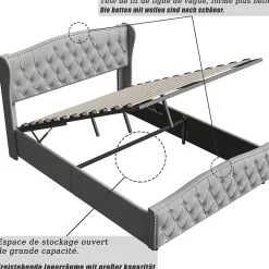 Lit Capitonné, 140 X 200 Cm, Avec Sommier à Lattes Et Rangement, Hydraulique Double, Velours><noscript><img width=
