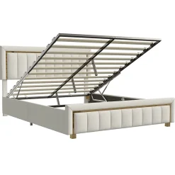 Fortuna lai Lit capitonné, 160 x 200 cm, avec tête de lit et espace de rangement, en velours beige* Lit Coffre