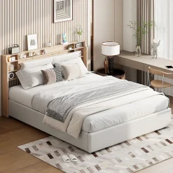 Fortuna lai Lit capitonné, 160 x 200 cm, avec fonction de charge USB de type C, éclairage LED et 4 tiroirs, sommier à lattes en bois* Lit Coffre