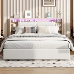 Fortuna lai Lit capitonné, 160 x 200 cm, avec fonction de charge USB de type C, éclairage LED et 4 tiroirs, sommier à lattes en bois* Lit Coffre