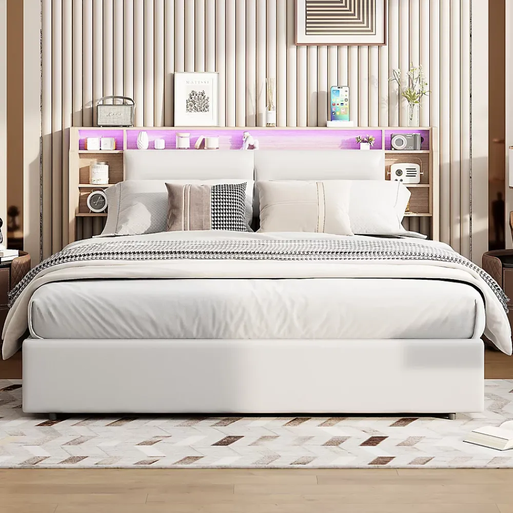 Fortuna lai Lit capitonné, 160 x 200 cm, avec fonction de charge USB de type C, éclairage LED et 4 tiroirs, sommier à lattes en bois* Lit Coffre