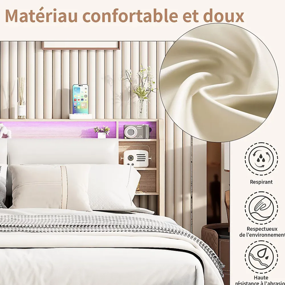 Fortuna lai Lit capitonné, 160 x 200 cm, avec fonction de charge USB de type C, éclairage LED et 4 tiroirs, sommier à lattes en bois* Lit Coffre