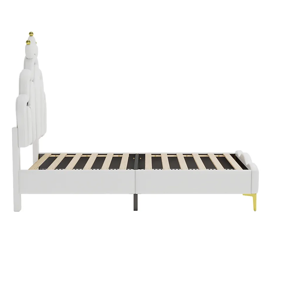 Simple Life Lit Capitonné 90 X 200 Cm,en Forme De Couronne,en Cuir Pu,lit LED Avec Sommier à Lattes,blanc* Lit Coffre