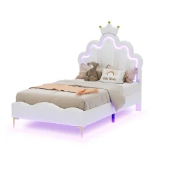 Simple Life Lit Capitonné 90 X 200 Cm,en Forme De Couronne,en Cuir Pu,lit LED Avec Sommier à Lattes,blanc* Lit Coffre