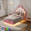 Lit Capitonné 90 X 200 Cm,en Forme De Couronne,en Cuir Pu,lit LED Avec Sommier à Lattes,rose>Simple Life Outlet