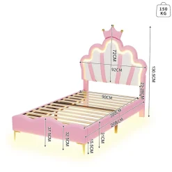 Lit Capitonné 90 X 200 Cm,en Forme De Couronne,en Cuir Pu,lit LED Avec Sommier à Lattes,rose><noscript><img width=