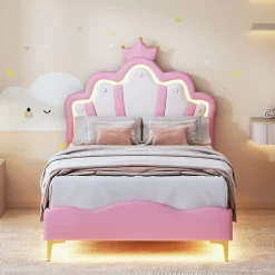 Lit Capitonné 90 X 200 Cm,en Forme De Couronne,en Cuir Pu,lit LED Avec Sommier à Lattes,rose><noscript><img width=