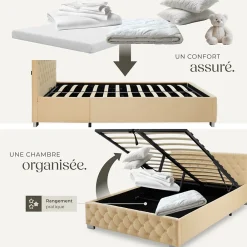 Tectake Lit capitonné avec bandes LED et espace de rangement 140x200 beige* Lit Double
