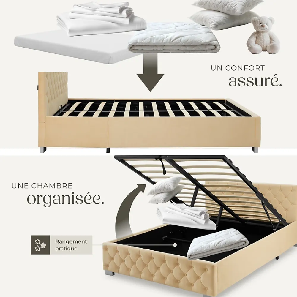 Tectake Lit capitonné avec bandes LED et espace de rangement 140x200 beige* Lit Double