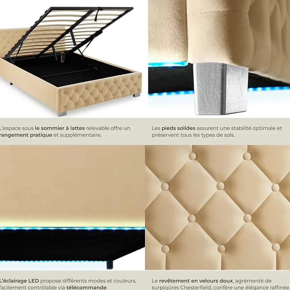 Tectake Lit capitonné avec bandes LED et espace de rangement 140x200 beige* Lit Double