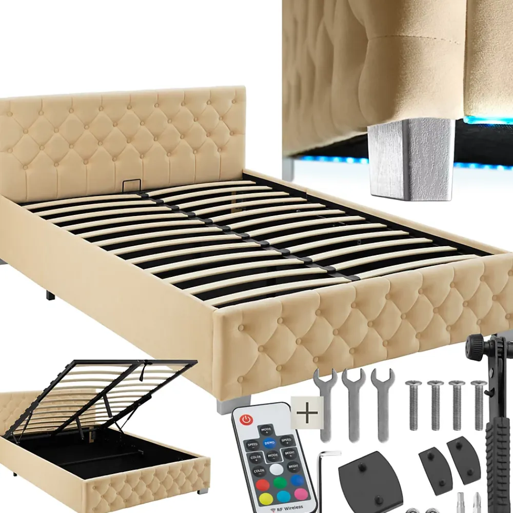 Tectake Lit capitonné avec bandes LED et espace de rangement 140x200 beige* Lit Double