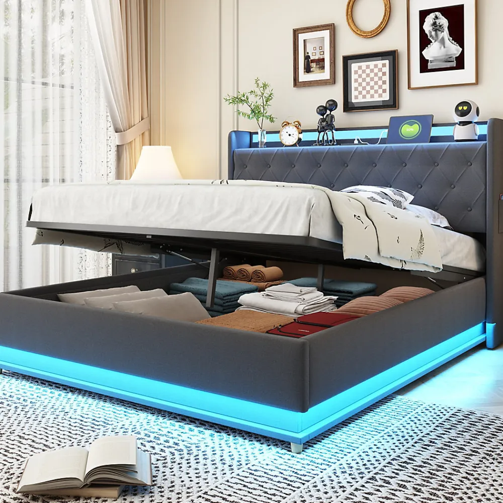 Lit capitonné LED 140 sur 200 cm avec port USB et rangement hydraulique en tissu lin gris doux pour la peau>Redom Outlet