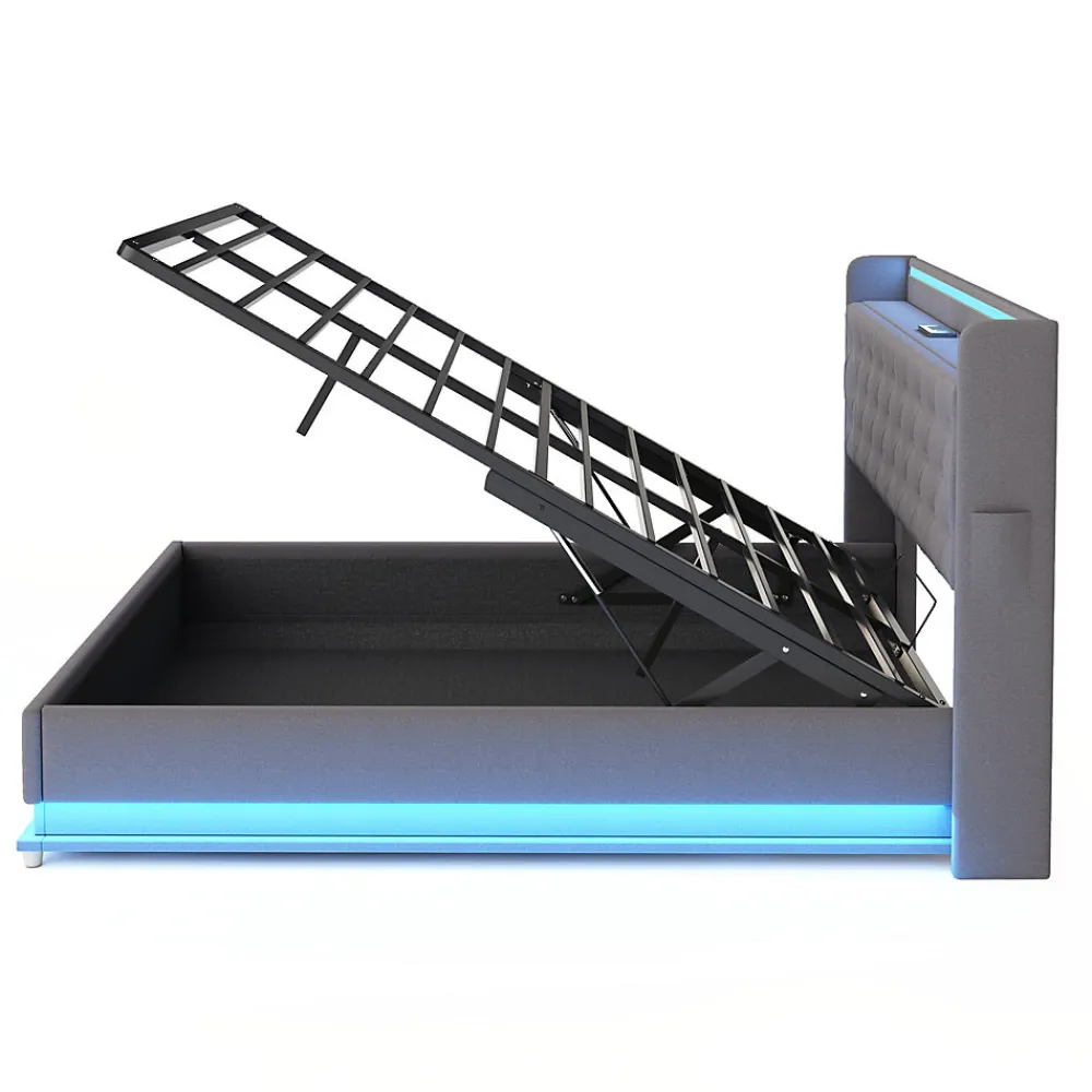 Lit capitonné LED 140 sur 200 cm avec port USB et rangement hydraulique en tissu lin gris doux pour la peau>Redom Outlet