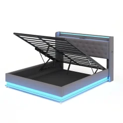 Lit capitonné LED 140 sur 200 cm avec port USB et rangement hydraulique en tissu lin gris doux pour la peau><noscript><img width=