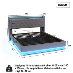 Lit capitonné LED 140 sur 200 cm avec port USB et rangement hydraulique en tissu lin gris doux pour la peau><noscript><img width=