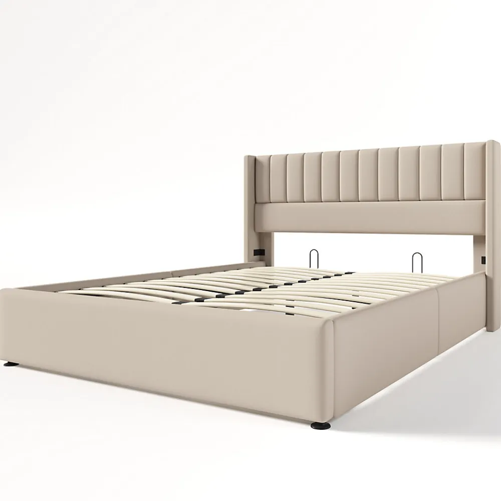 Lit capitonné,160 x 200 cm, avec sommier à lattes hydraulique, avec espace de rangement,beige>Fortuna lai Hot