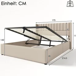 Lit capitonné,160 x 200 cm, avec sommier à lattes hydraulique, avec espace de rangement,beige><noscript><img width=