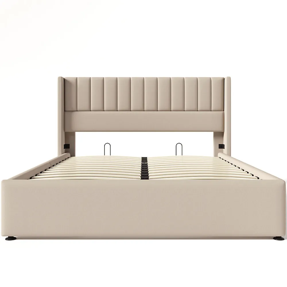 Lit capitonné,160 x 200 cm, avec sommier à lattes hydraulique, avec espace de rangement,beige>Fortuna lai Hot